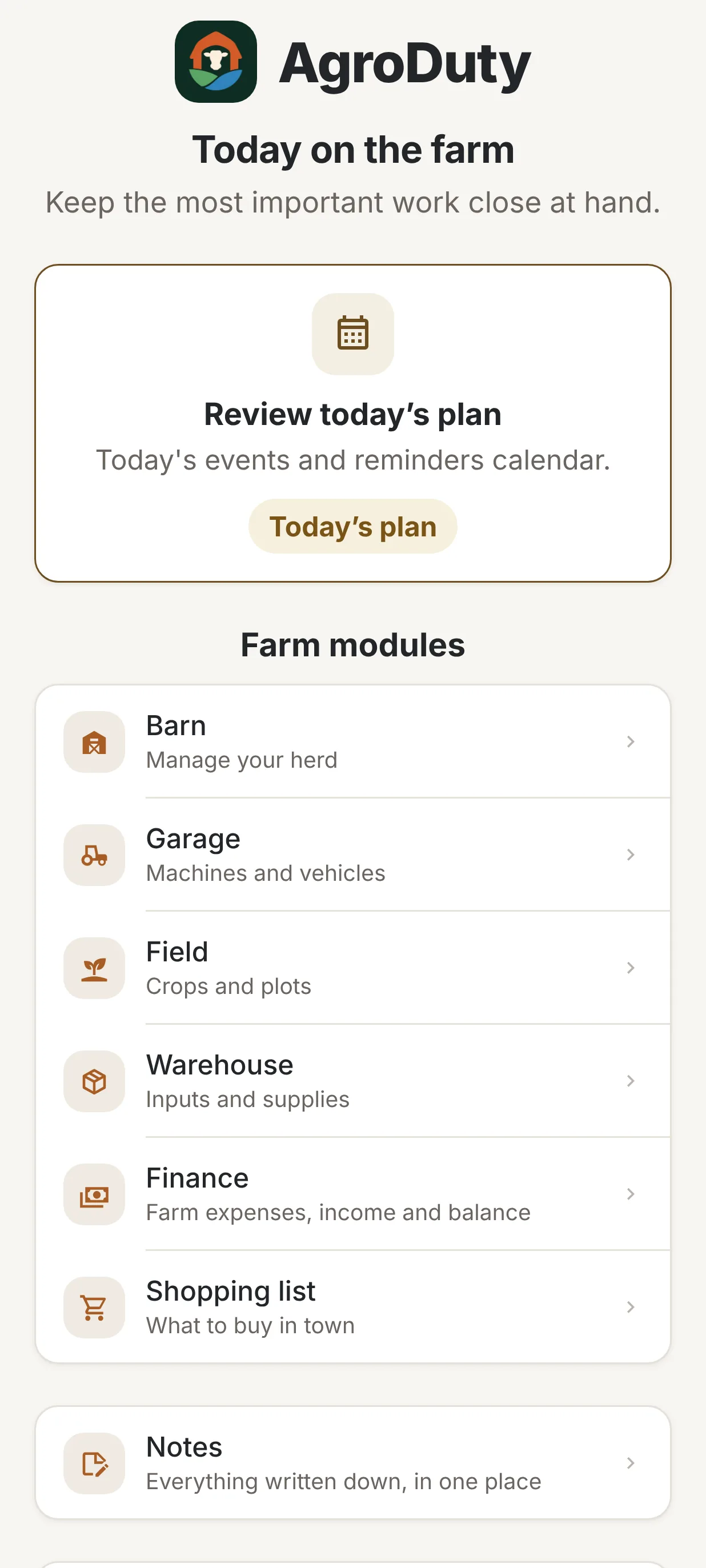 Home screen: today on the farm and modules