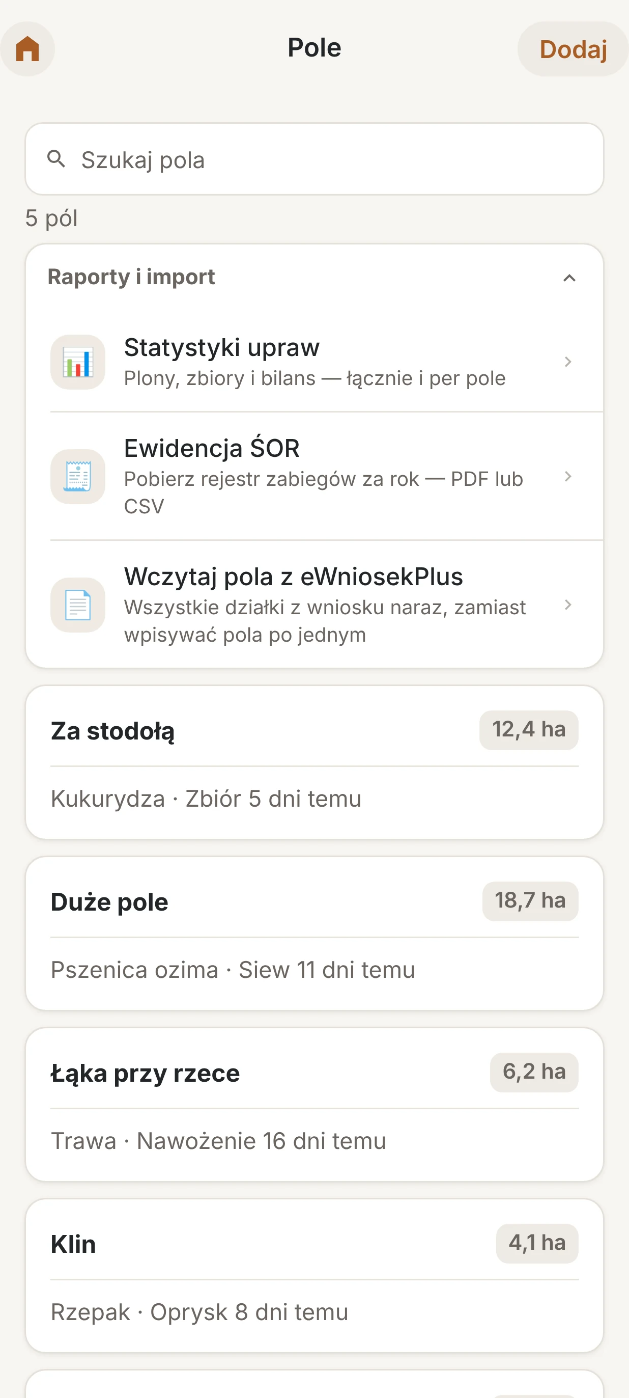 Pola z raportami i importem działek