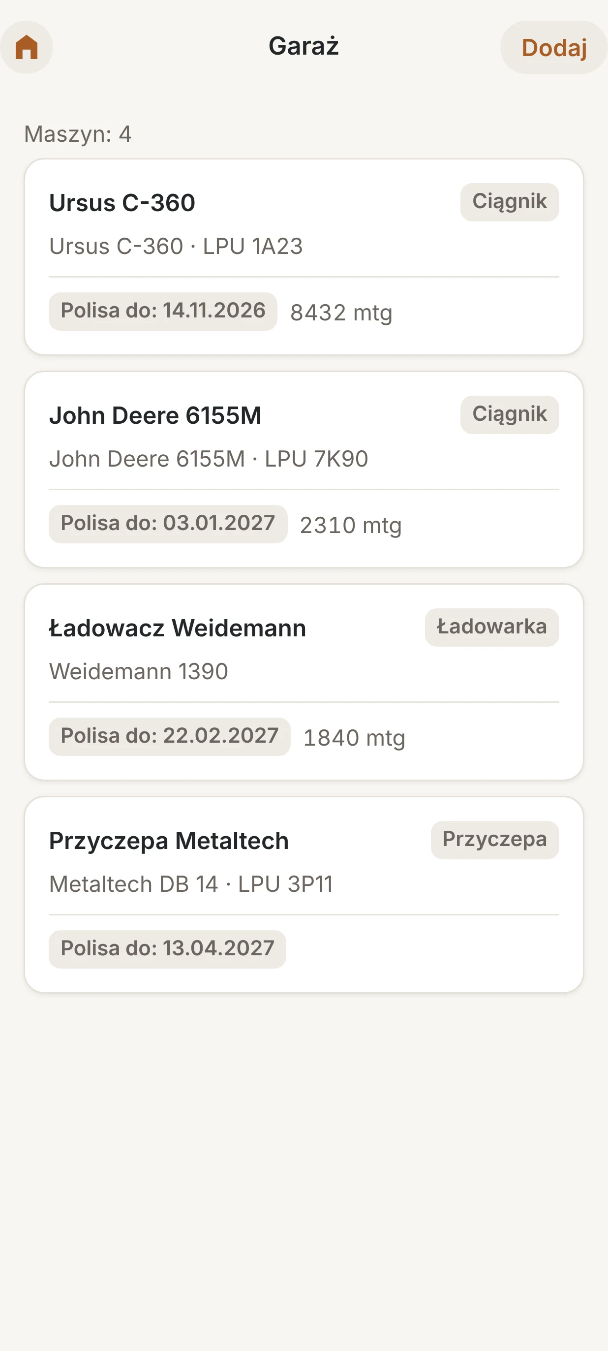 Garaż z polisami i motogodzinami maszyn