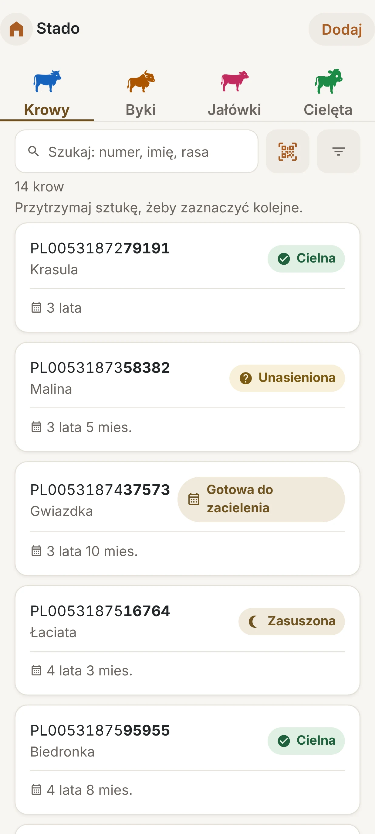 Lista stada ze statusami rozrodu