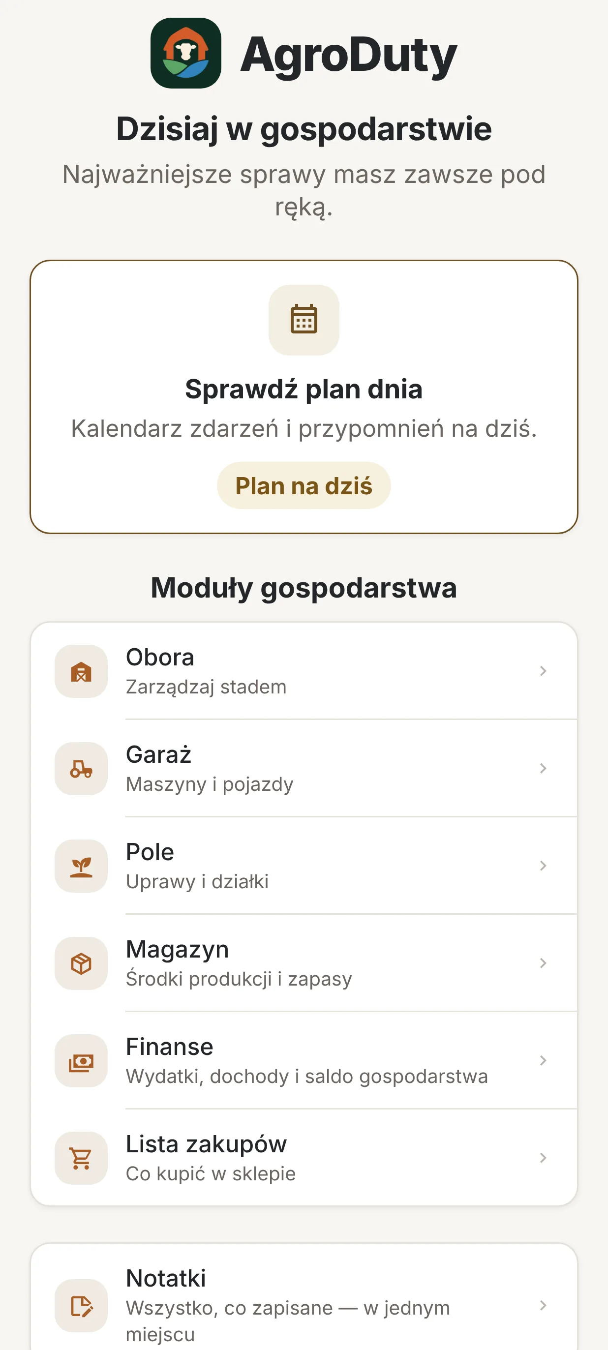 Ekran główny: dzisiaj w gospodarstwie i moduły